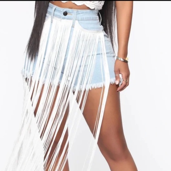 Party Crasher Fringe Denim Shorts- Light Blue Wash - Picture 3 of 8